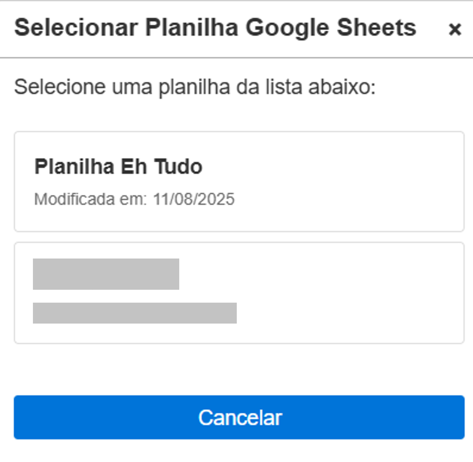 Tela de configuração da planilha